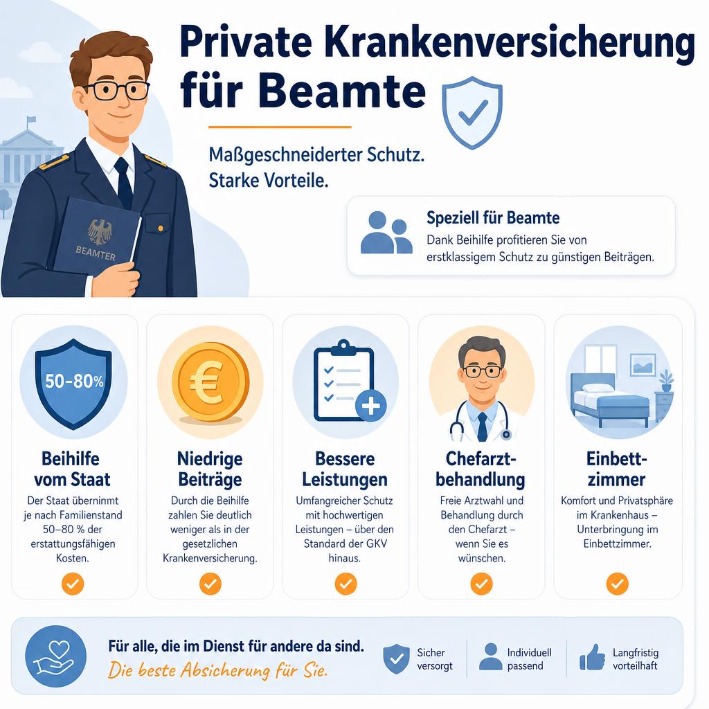 Private Krankenversicherung für Beamte – Vorteile im Überblick Infografik: Private Krankenversicherung für Beamte – Beihilfe, niedrige Beiträge, Chefarztbehandlung und Einbettzimmer